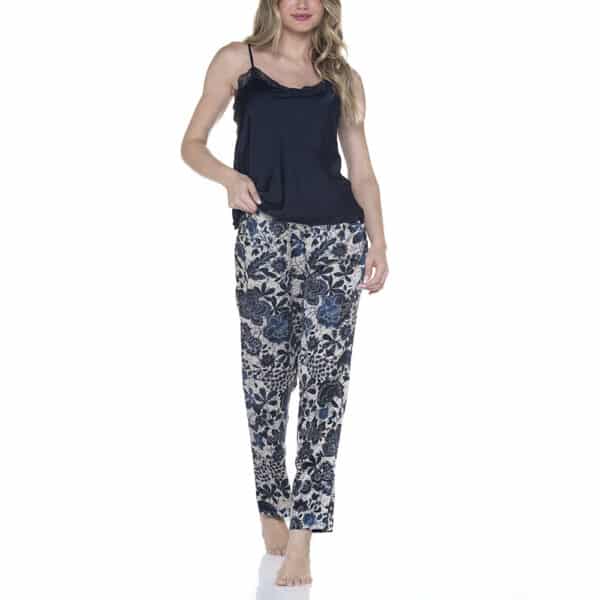 Pijama De Satín Con Encaje Y Pantalones Floreados - Imagen 2
