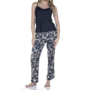 Pijama De Satín Con Encaje Y Pantalones Floreados