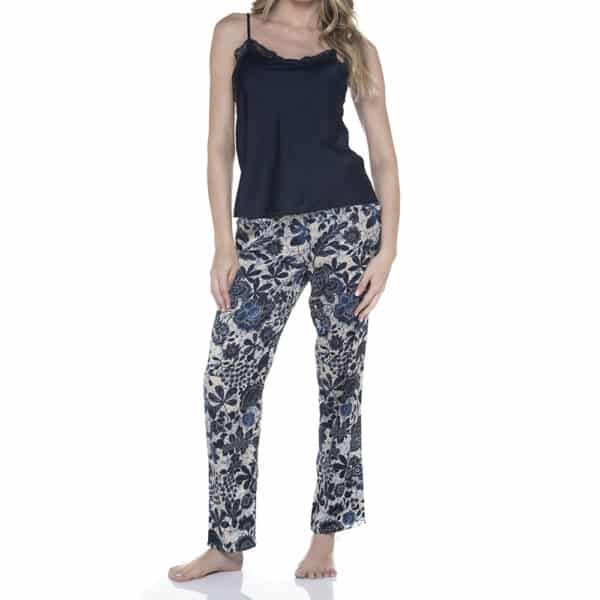 Pijama De Satín Con Encaje Y Pantalones Floreados